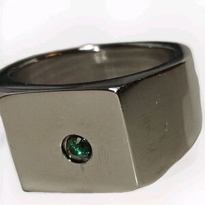 Modernist Mens Stainless Steel Vtg Ring w Green Rhinestone Size 12.5